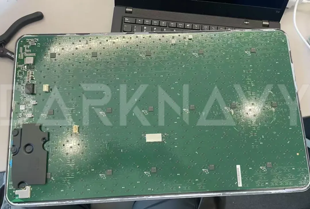 Disassembled Starlink Standard Actuated Rev3 antenna showing the full green printed circuit board inside its enclosure