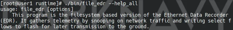 Terminal output for file_edr help describing the Ethernet Data Recorder as collecting selected network telemetry flows for later ground transmission